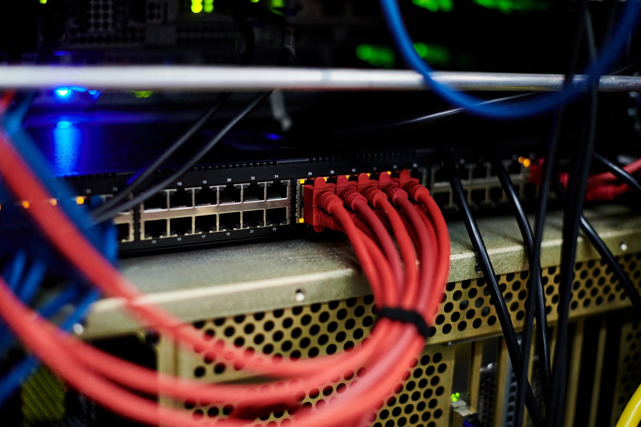 Close-up of network cabling in a server room