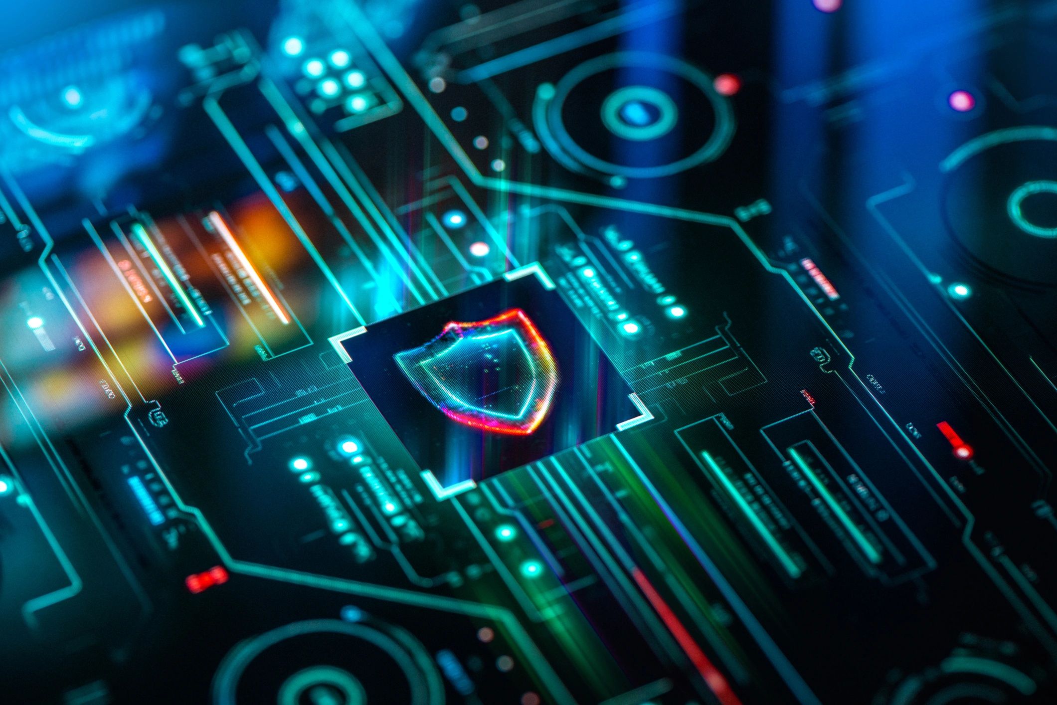Abstract cybersecurity shield on a digital interface